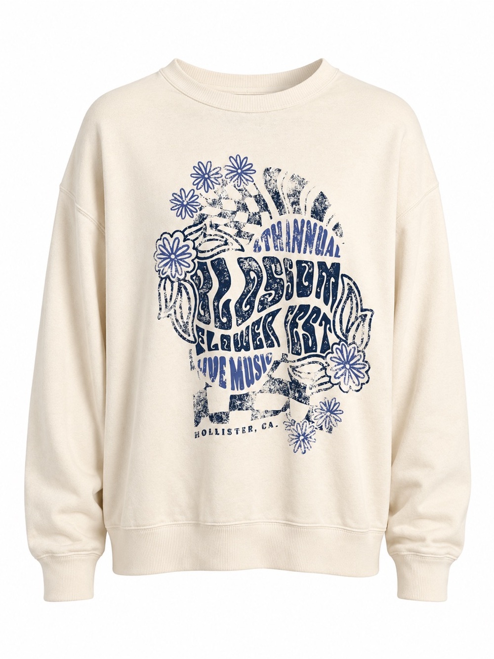 Hollister Oversized Cream Floral Graphic Crewneck Sweatshirt M